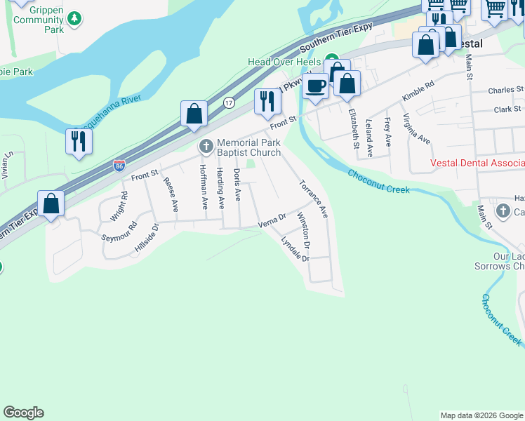 map of restaurants, bars, coffee shops, grocery stores, and more near 320-324 Leroy Avenue in Vestal