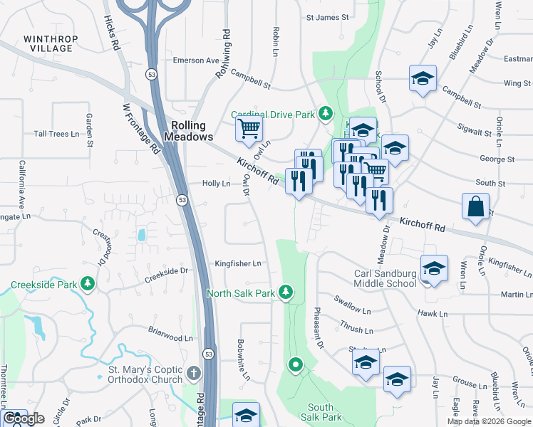 map of restaurants, bars, coffee shops, grocery stores, and more near 3008 Owl Drive in Rolling Meadows