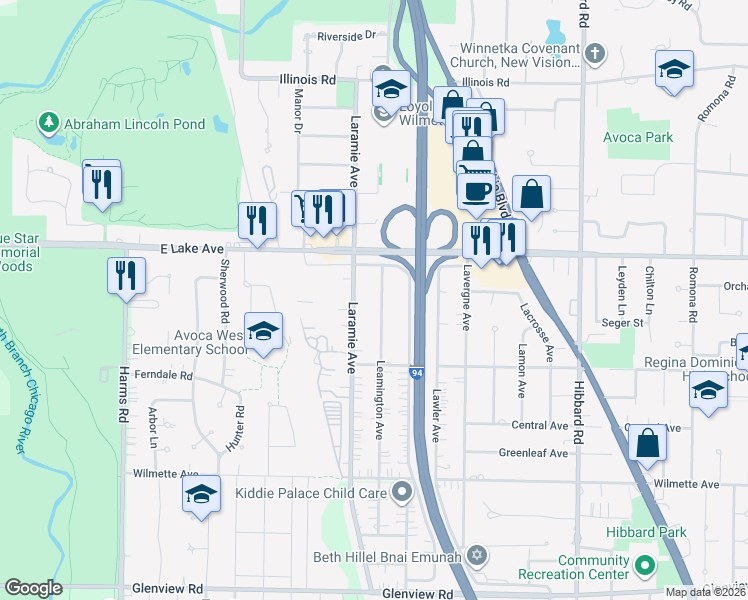 map of restaurants, bars, coffee shops, grocery stores, and more near 805 Leamington Avenue in Wilmette