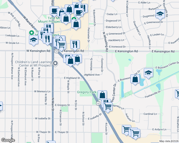 map of restaurants, bars, coffee shops, grocery stores, and more near 602 Wilshire Drive in Mount Prospect