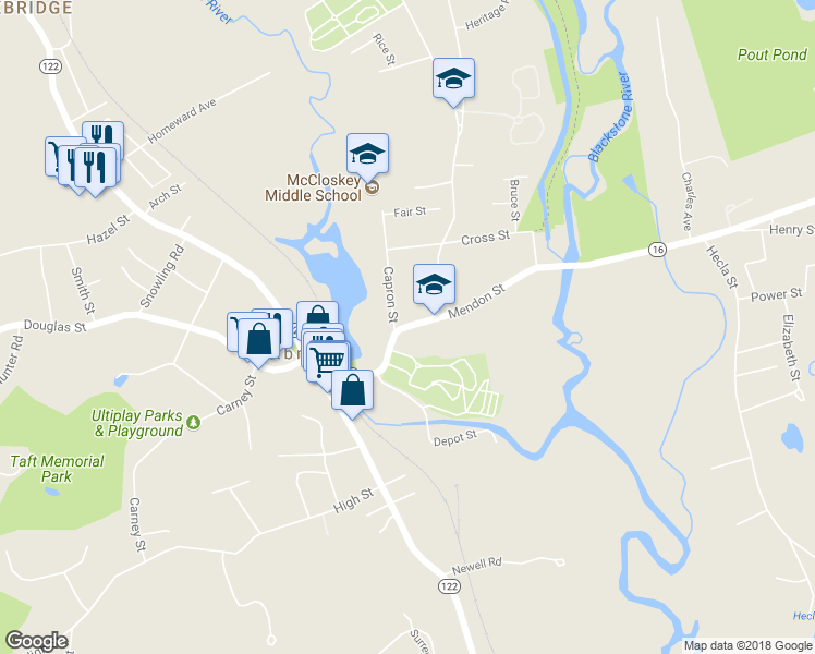 map of restaurants, bars, coffee shops, grocery stores, and more near 64 Mendon Street in Uxbridge