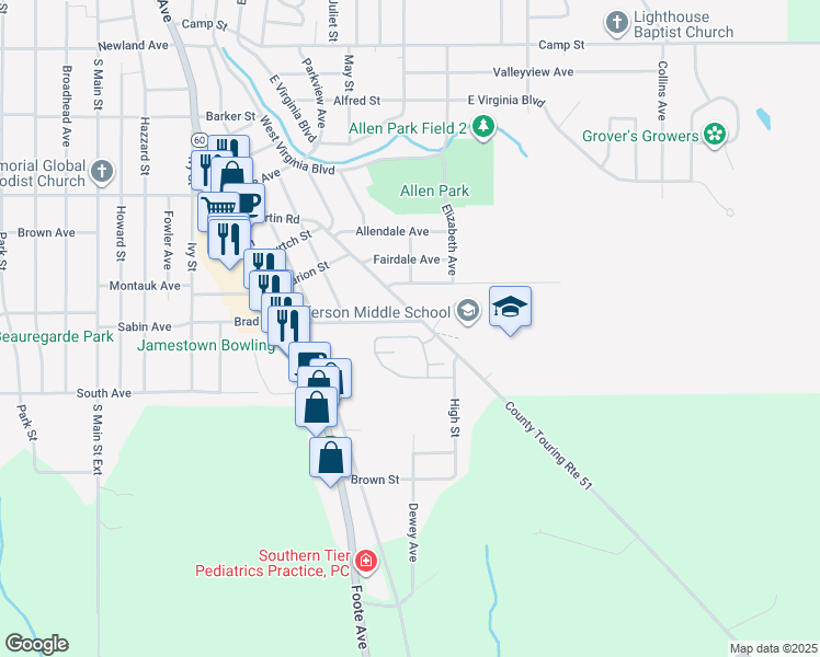 map of restaurants, bars, coffee shops, grocery stores, and more near 20 Springdale Avenue in Jamestown