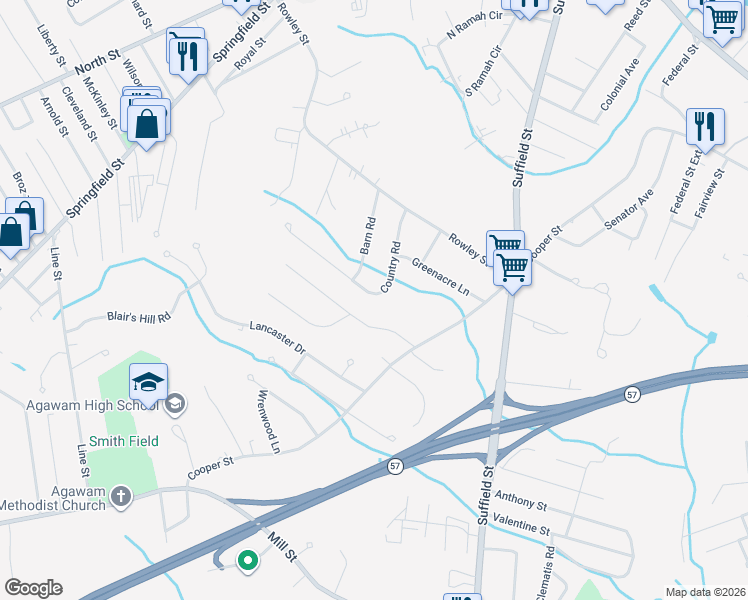 map of restaurants, bars, coffee shops, grocery stores, and more near 87 Country Road in Agawam