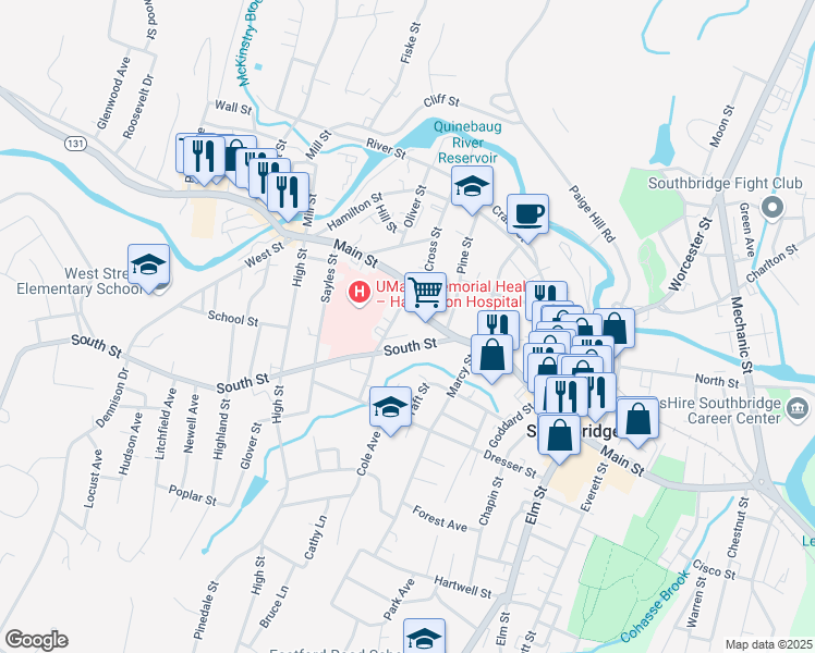 map of restaurants, bars, coffee shops, grocery stores, and more near 37 Oakes Avenue in Southbridge