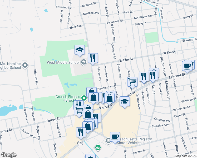 map of restaurants, bars, coffee shops, grocery stores, and more near 47 Morse Avenue in Brockton