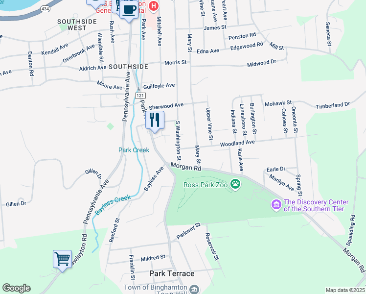 map of restaurants, bars, coffee shops, grocery stores, and more near 195 S Washington St in Binghamton
