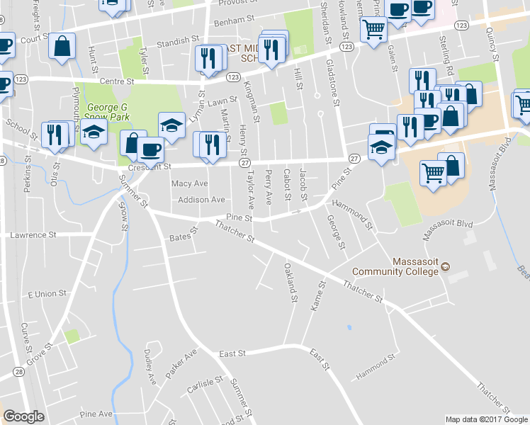 map of restaurants, bars, coffee shops, grocery stores, and more near 65 Perry Avenue in Brockton