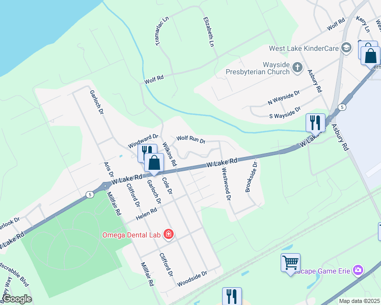 map of restaurants, bars, coffee shops, grocery stores, and more near 5200 Wolf Run Village Ln in Erie