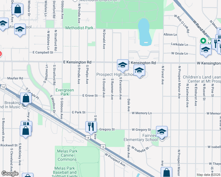 map of restaurants, bars, coffee shops, grocery stores, and more near 328 South Rammer Avenue in Arlington Heights