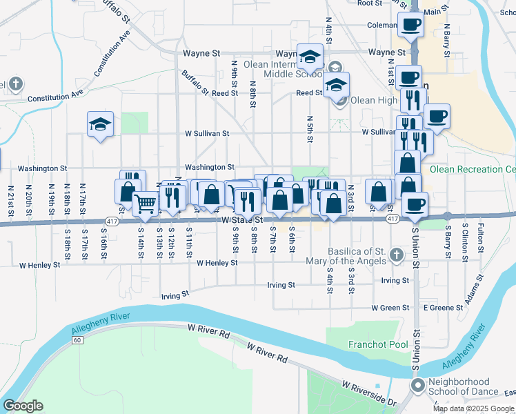 map of restaurants, bars, coffee shops, grocery stores, and more near 110 North 8th Street in Olean