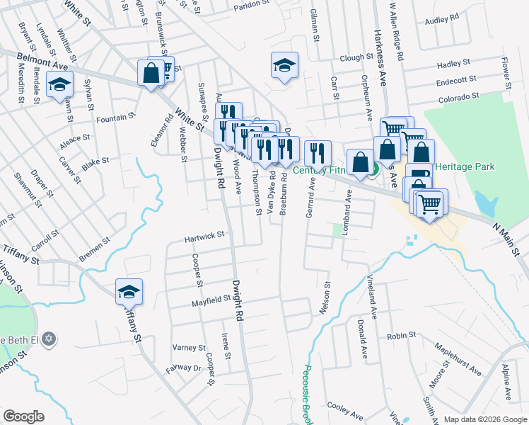map of restaurants, bars, coffee shops, grocery stores, and more near 35 Thompson St in East Longmeadow