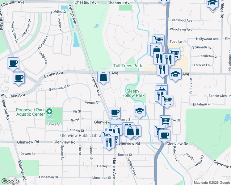 map of restaurants, bars, coffee shops, grocery stores, and more near 1255 Tinker Way in Glenview