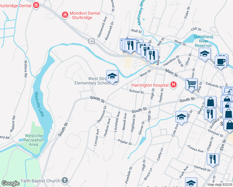 map of restaurants, bars, coffee shops, grocery stores, and more near 165 West Street in Southbridge