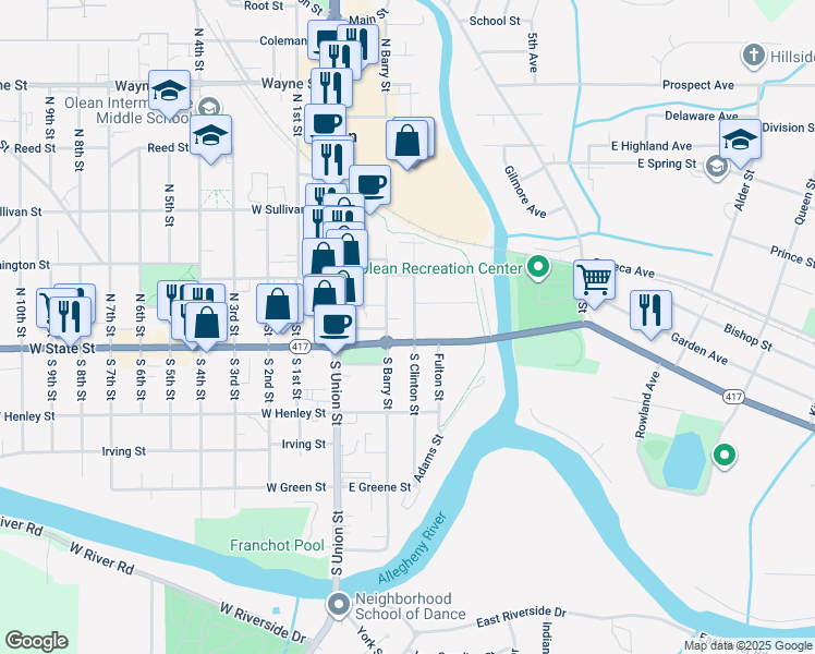 map of restaurants, bars, coffee shops, grocery stores, and more near 103 North Clinton Street in Olean