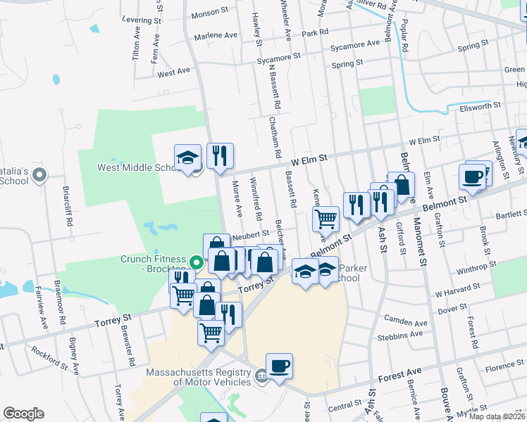 map of restaurants, bars, coffee shops, grocery stores, and more near 54 Winnifred Road in Brockton