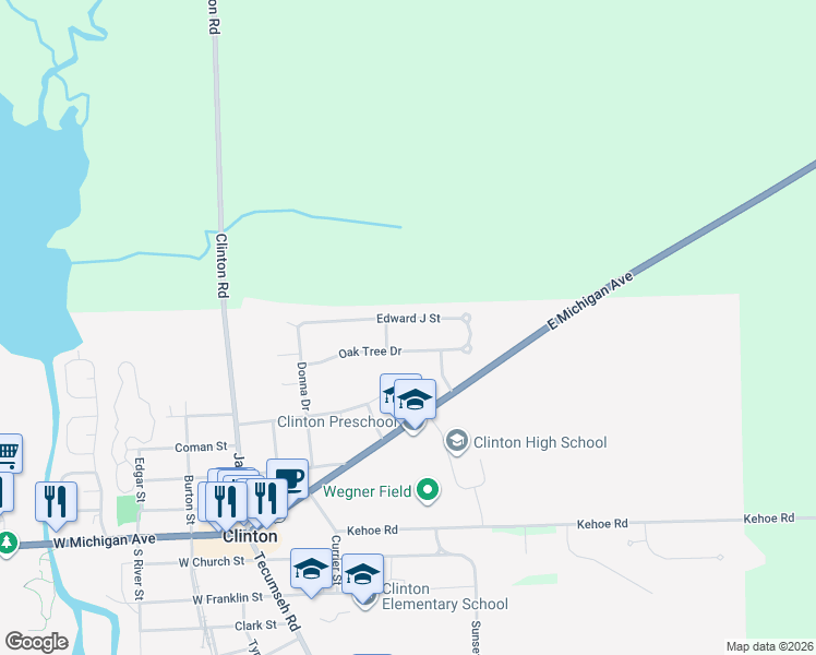 map of restaurants, bars, coffee shops, grocery stores, and more near 404 Edward J Street in Clinton