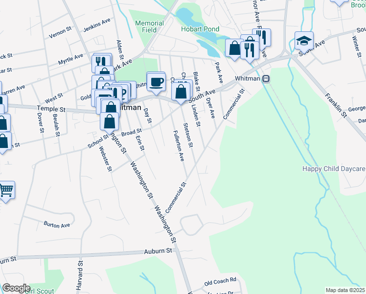 map of restaurants, bars, coffee shops, grocery stores, and more near 88 Fullerton Avenue in Whitman