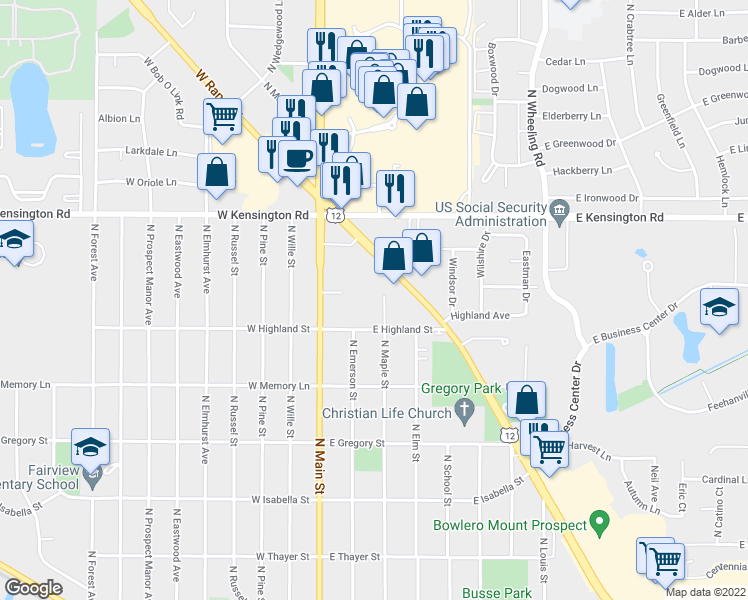 map of restaurants, bars, coffee shops, grocery stores, and more near 628 Maple Court in Mount Prospect