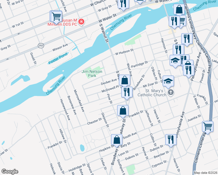 map of restaurants, bars, coffee shops, grocery stores, and more near 544 McDowell Place in Elmira