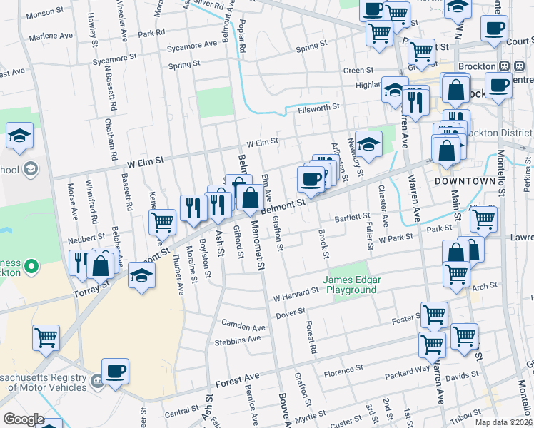 map of restaurants, bars, coffee shops, grocery stores, and more near 9 Grafton Street in Brockton
