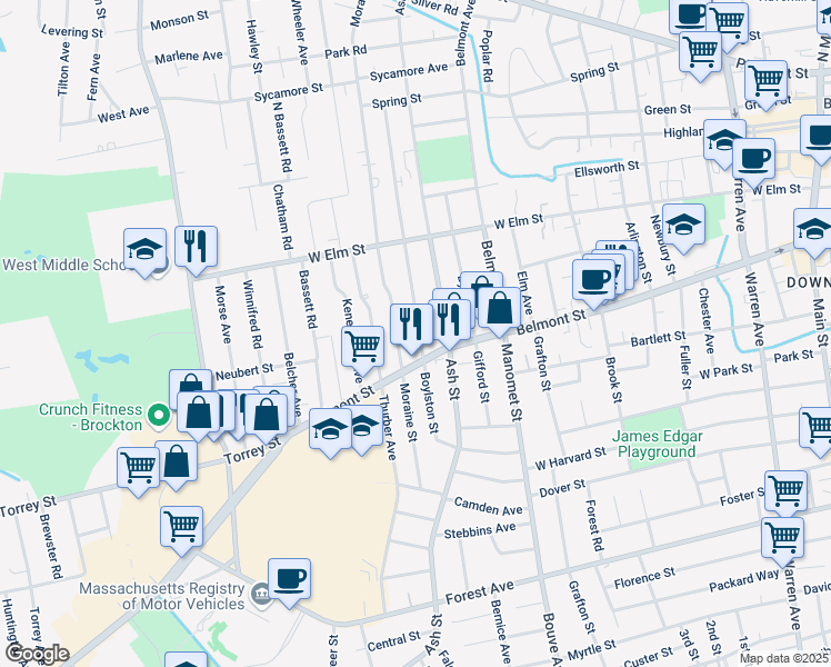 map of restaurants, bars, coffee shops, grocery stores, and more near 193 Boylston Street in Brockton