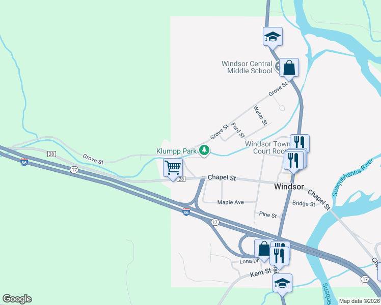 map of restaurants, bars, coffee shops, grocery stores, and more near 61 Grove Street in Windsor