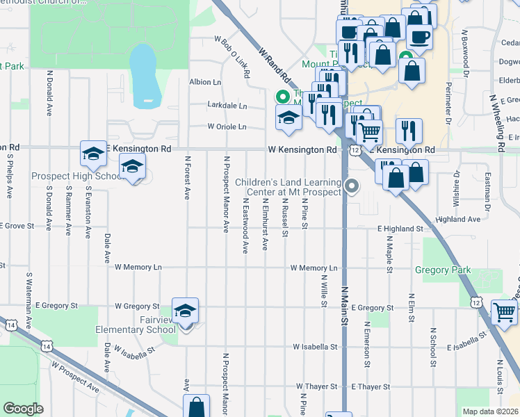 map of restaurants, bars, coffee shops, grocery stores, and more near 610 North Elmhurst Avenue in Mount Prospect
