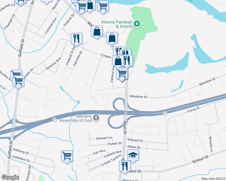 map of restaurants, bars, coffee shops, grocery stores, and more near 41 Harvey Johnson Drive in Agawam
