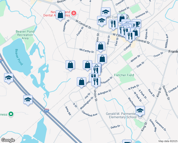map of restaurants, bars, coffee shops, grocery stores, and more near 305 Union Street in Franklin