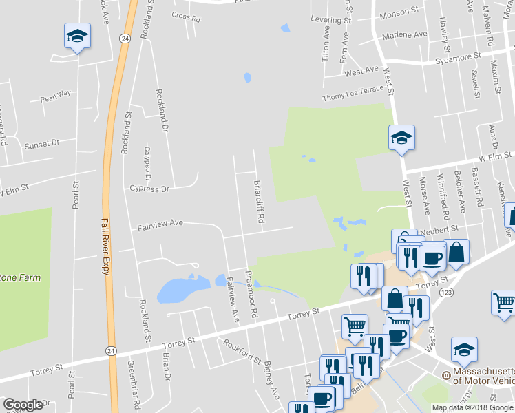 map of restaurants, bars, coffee shops, grocery stores, and more near 40 Briarcliff Road in Brockton