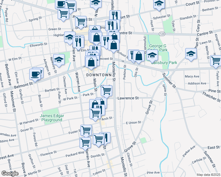 map of restaurants, bars, coffee shops, grocery stores, and more near 47 Allen Street in Brockton