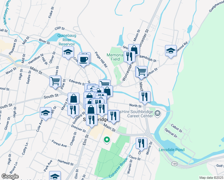 map of restaurants, bars, coffee shops, grocery stores, and more near 136 Central Street in Southbridge