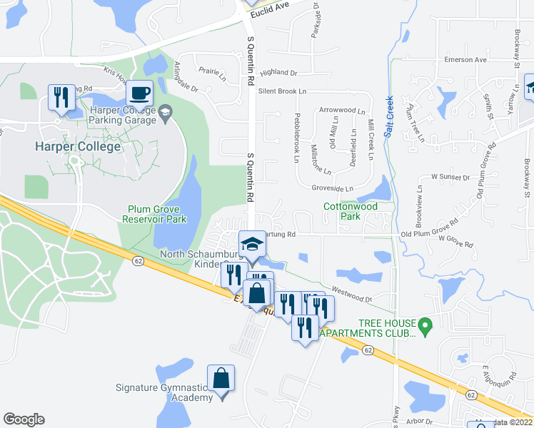 map of restaurants, bars, coffee shops, grocery stores, and more near 407 College Crossing in Rolling Meadows