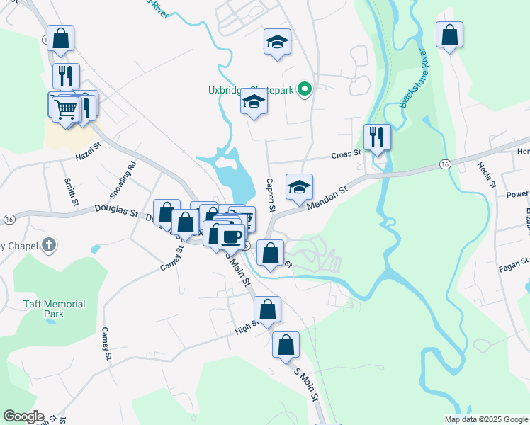 map of restaurants, bars, coffee shops, grocery stores, and more near 2 Capron Street in Uxbridge