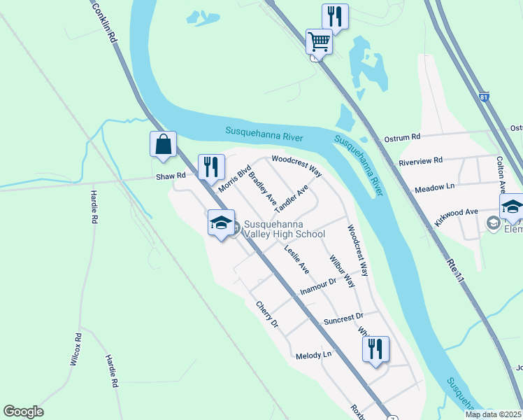 map of restaurants, bars, coffee shops, grocery stores, and more near 19 Leslie Ave in Conklin