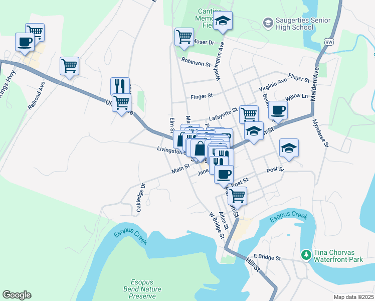 map of restaurants, bars, coffee shops, grocery stores, and more near 282 Main Street in Saugerties