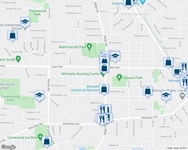 map of restaurants, bars, coffee shops, grocery stores, and more near 1938 Schiller Avenue in Wilmette