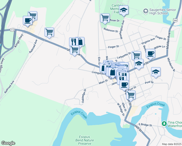 map of restaurants, bars, coffee shops, grocery stores, and more near 68 Livingston Street in Saugerties