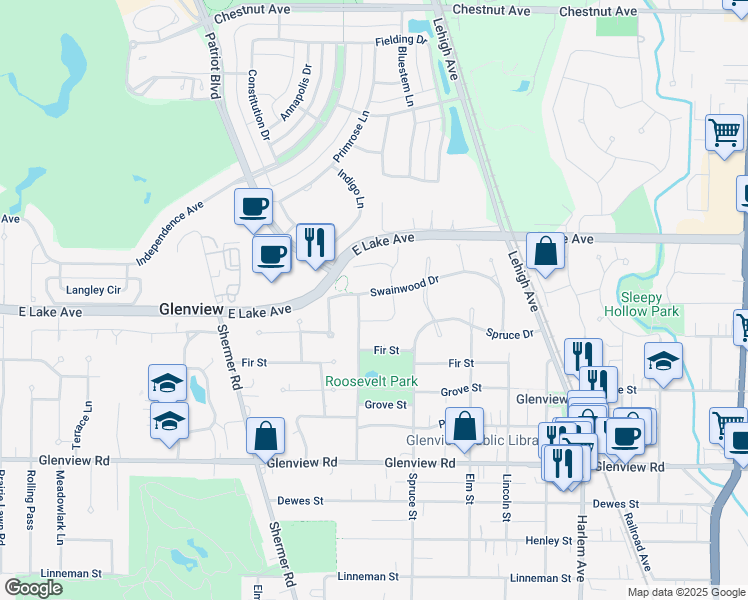 map of restaurants, bars, coffee shops, grocery stores, and more near 2237 Swainwood Drive in Glenview