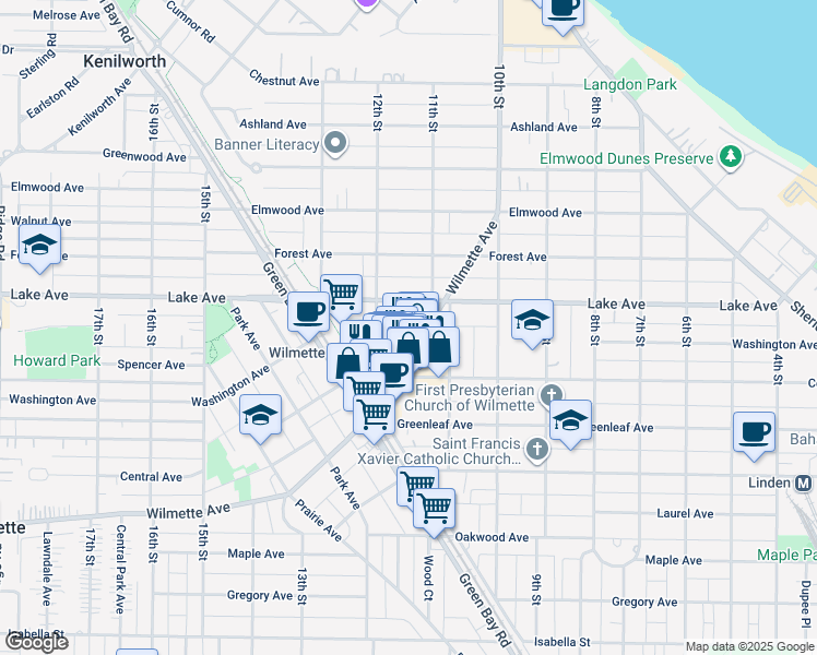 map of restaurants, bars, coffee shops, grocery stores, and more near 1140 Wilmette Avenue in Wilmette