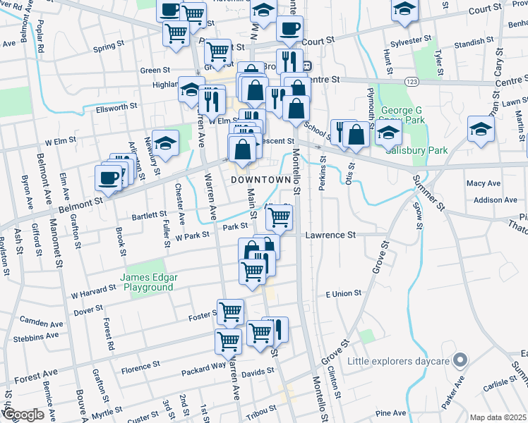 map of restaurants, bars, coffee shops, grocery stores, and more near 15 Allen Street in Brockton