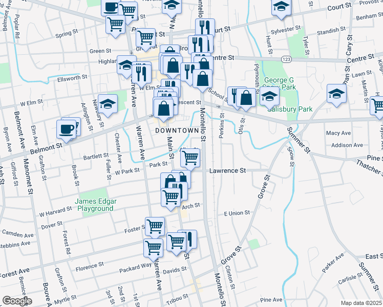 map of restaurants, bars, coffee shops, grocery stores, and more near 49 Allen Street in Brockton