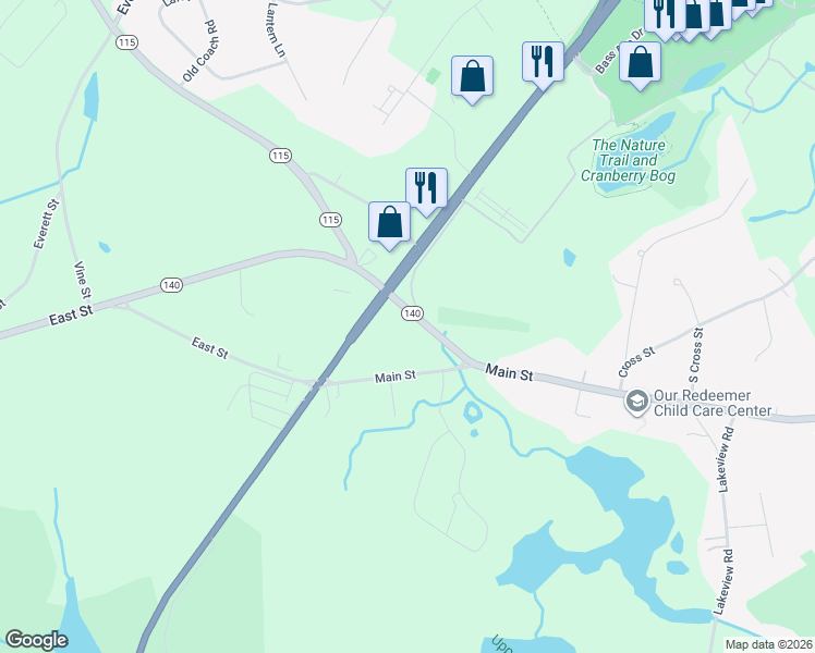 map of restaurants, bars, coffee shops, grocery stores, and more near 14 Pierce Street in Foxborough