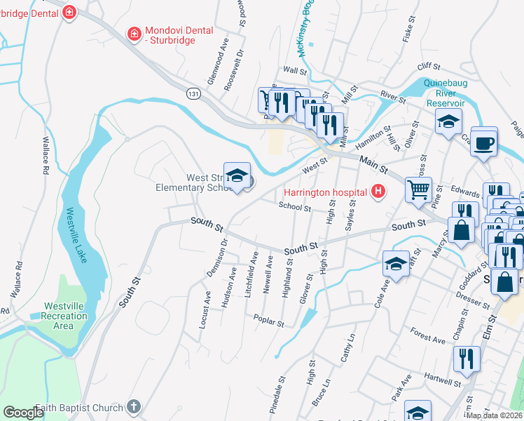 map of restaurants, bars, coffee shops, grocery stores, and more near 165 West Street in Southbridge