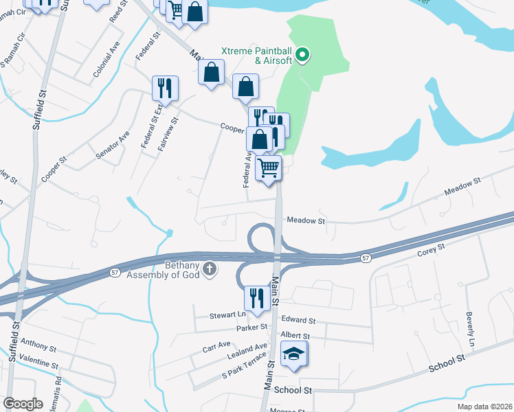 map of restaurants, bars, coffee shops, grocery stores, and more near 41 Harvey Johnson Drive in Agawam