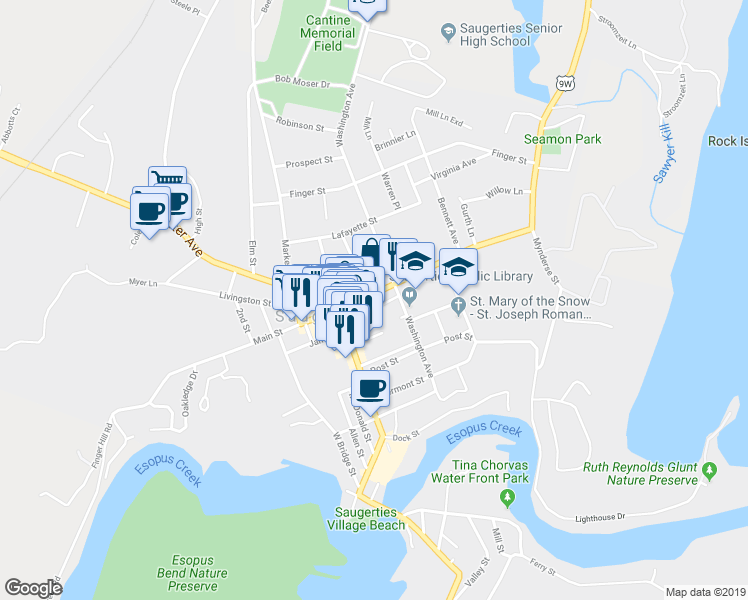 map of restaurants, bars, coffee shops, grocery stores, and more near 184 Main Street in Saugerties