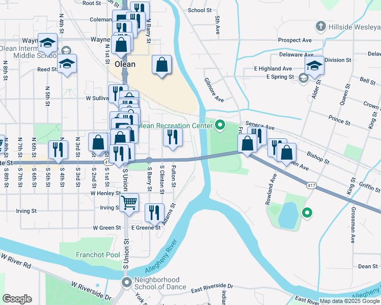 map of restaurants, bars, coffee shops, grocery stores, and more near 423 East State Street in Olean