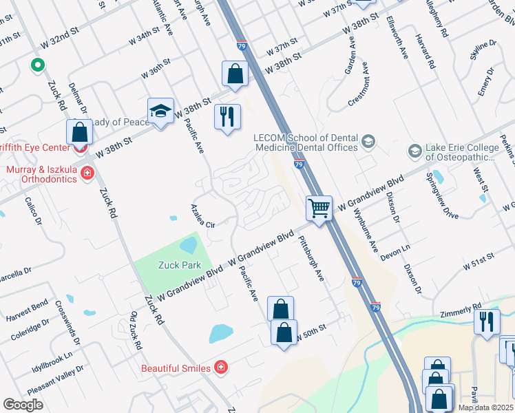 map of restaurants, bars, coffee shops, grocery stores, and more near 2292 Columbus Drive in Erie