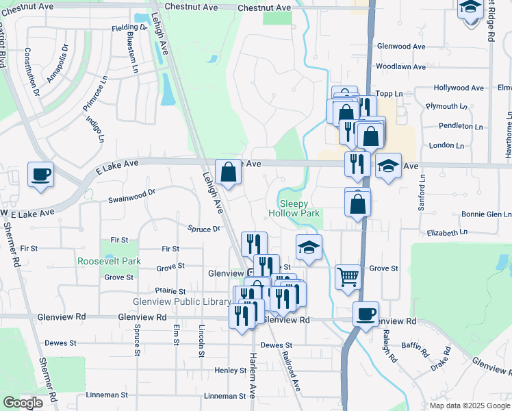 map of restaurants, bars, coffee shops, grocery stores, and more near 1255 Tinker Way in Glenview