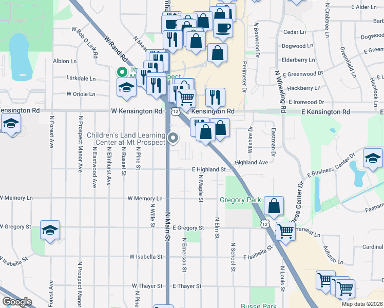 map of restaurants, bars, coffee shops, grocery stores, and more near 628 Maple Court in Mount Prospect